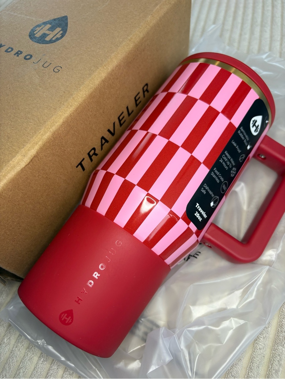 HydroJug Be Mine Red & Pink Checker Traveler 20oz - Picture 2 of 4